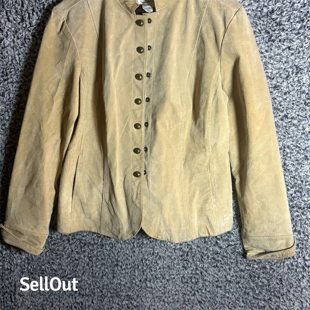Aria Women's Tan Suede Leather Jacket Size L Casual Long Sleeve